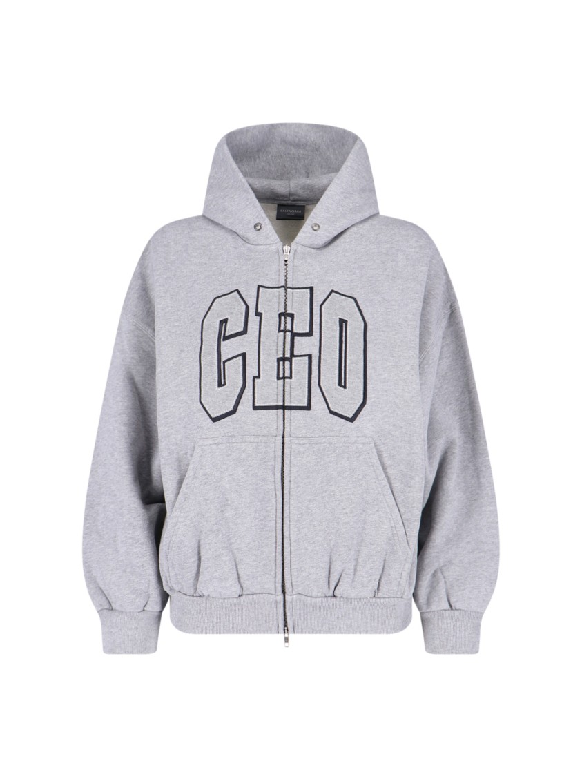 Balenciaga Zip Front Hoodie With Contrast Logo And Ribbed Details In Gray
