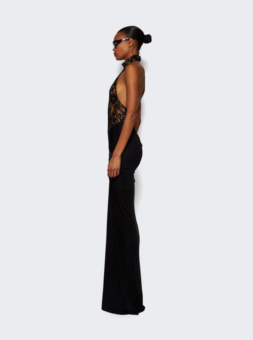 The New Arrivals By Ilkyaz Ozel Cass Lace Halterneck Gown Derriere Noir In Black