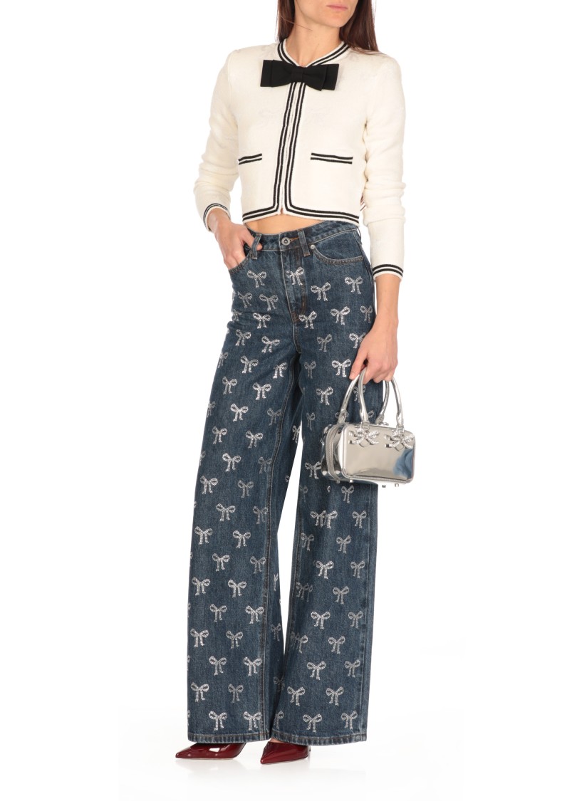 Shop Self-portrait Wide-leg Denim Jeans In Blue