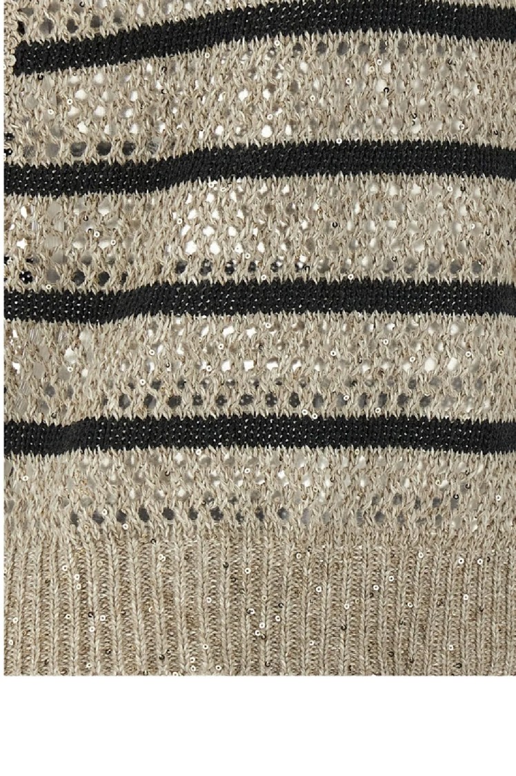 Brunello Cucinelli Cropped V-neck Knit Top With Textured Stripes In Multi
