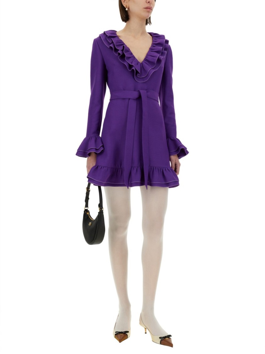 Valentino Garavani Purple Short Dress With V-neck And Ruffles In Virgin Wool And Silk Blend Woman