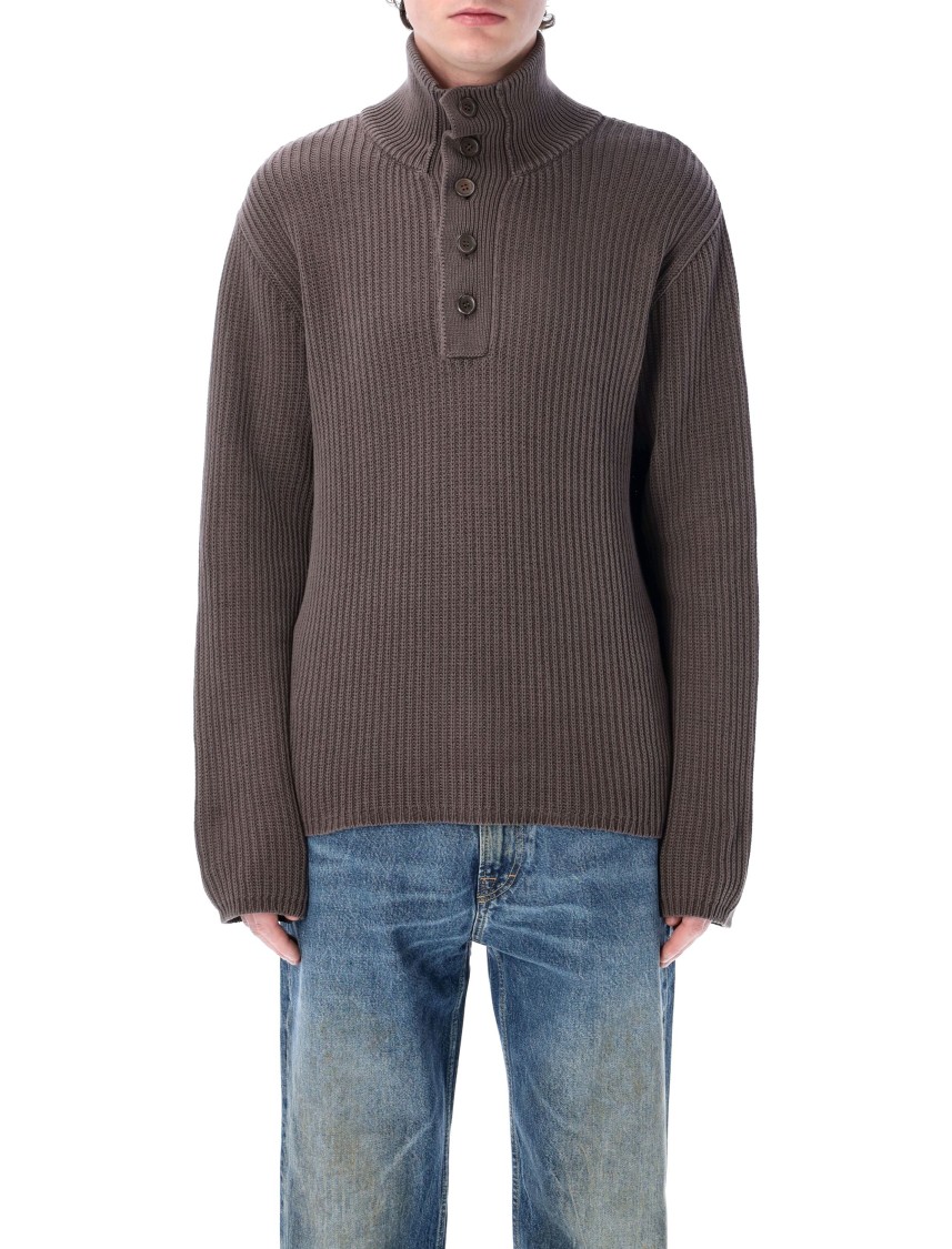 Our Legacy Navigator Polo With High Neck And Textured Ribbed Knit In Brown