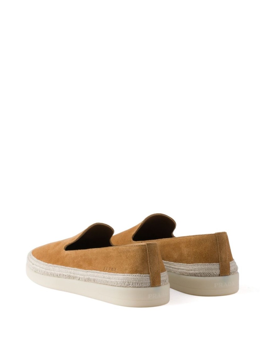 Prada Brown Suede Slip-on Flat Shoes With Textured Sole In Brown