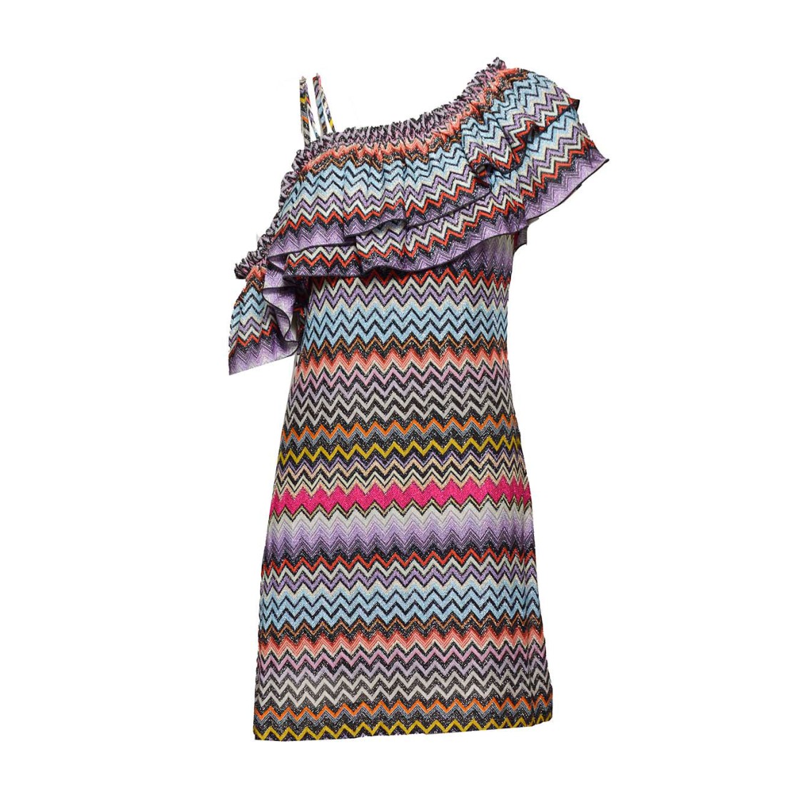 MISSONI MISSONI MULTICOLORED CHEVRON VISCOSE ONE-SHOULDER SHORT DRESS WITH LUREX