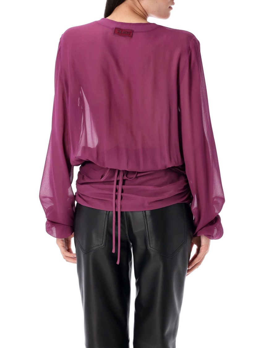 Attico Draped Front V-neck Ruched Blouse In Pink