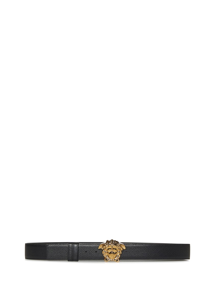 Shop Versace Reversible Leather Belt With Medusa Buckle In Black