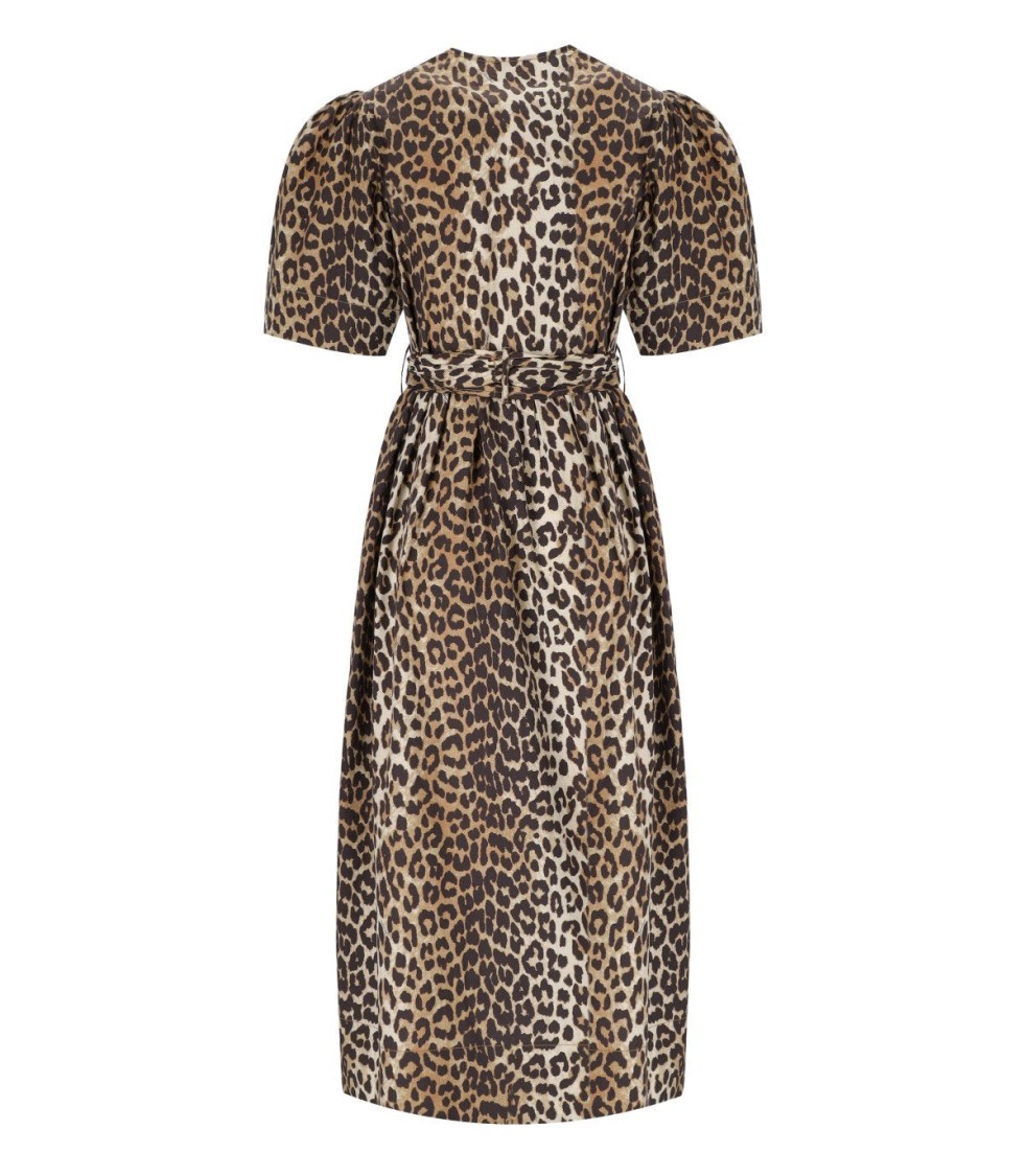 Ganni Leopard Print Cotton Midi Dress In Animal Print