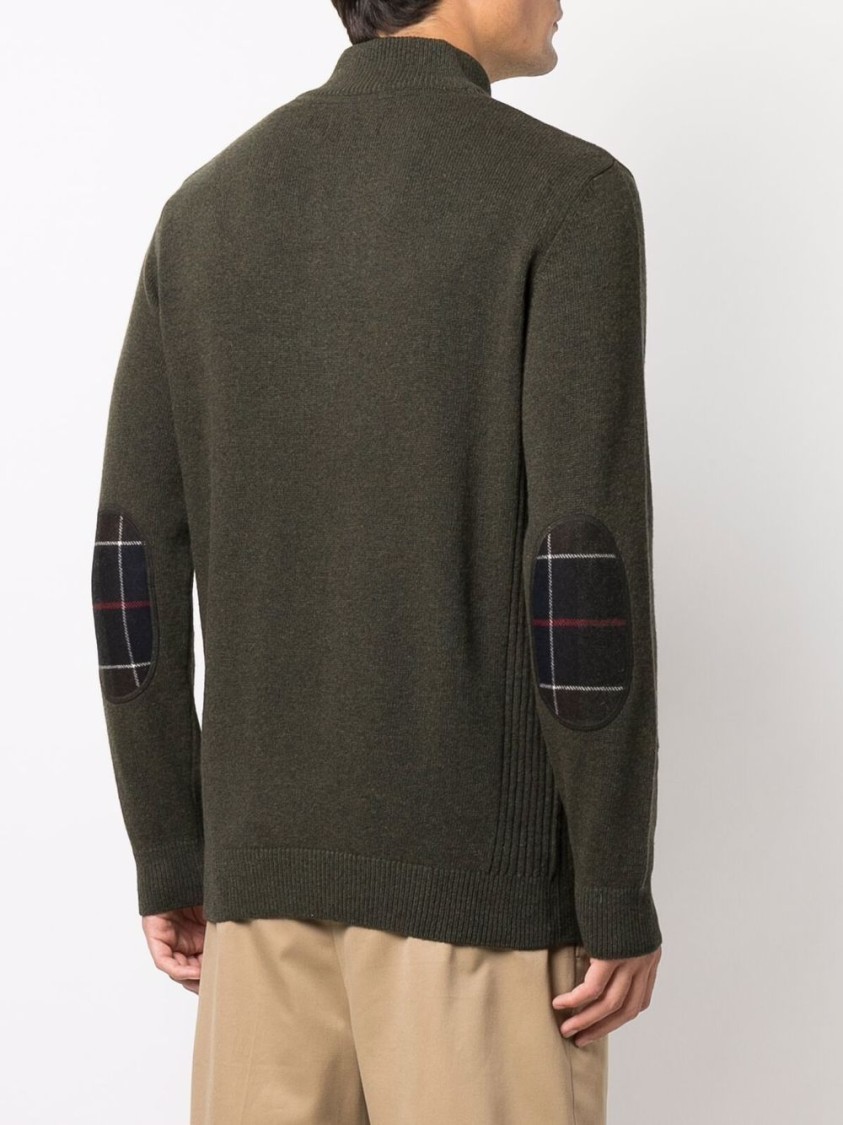 Barbour Khaki-green Wool Half-zip Sweater With Ribbed Edges And Elbow Patches In Black