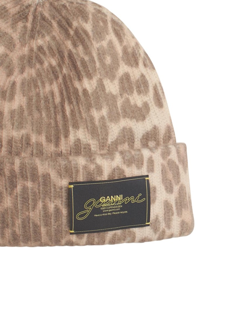 Ganni 'leo' Multicolored Wool Blend Beanie In Brown
