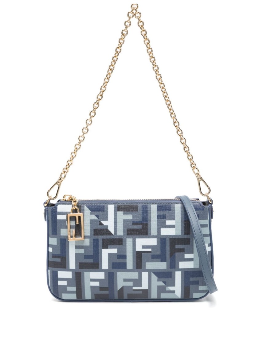 Fendi Geometric Pattern Clutch With Gold Chain Strap In Gray