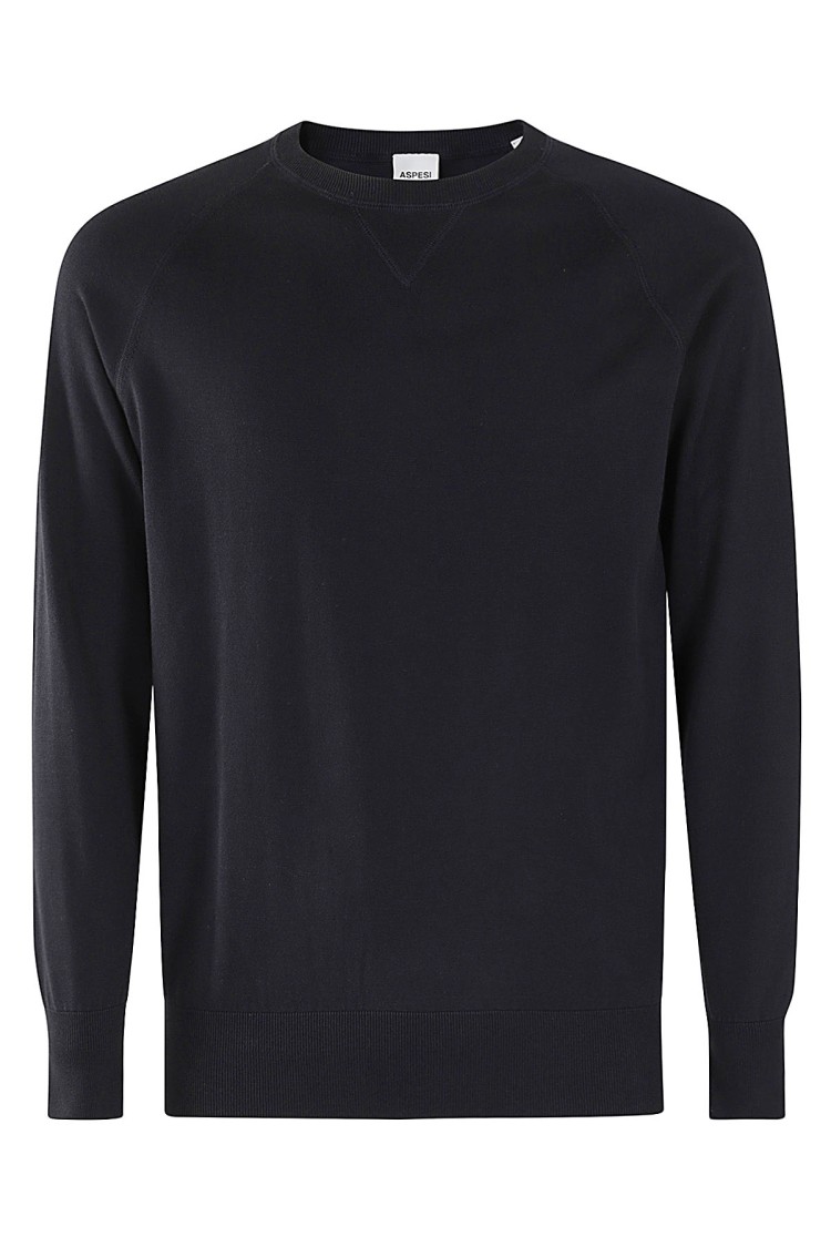 Shop Aspesi Navy Blue Cotton Sweater With Ribbed Trims