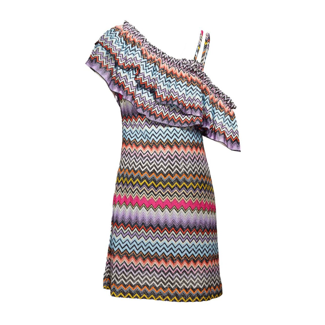 MISSONI MISSONI MULTICOLORED CHEVRON VISCOSE ONE-SHOULDER SHORT DRESS WITH LUREX