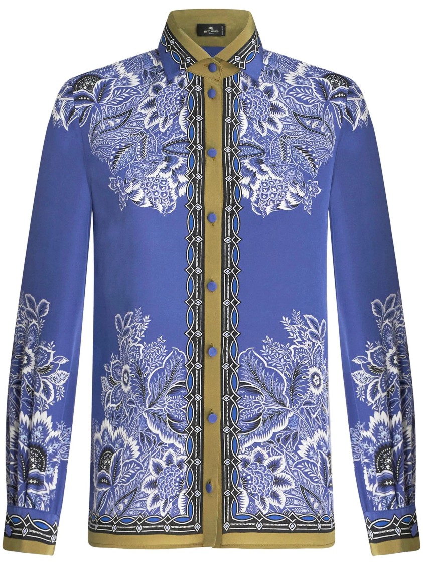 Etro Intricate Floral Embroidered Long Sleeve Shirt In Blue