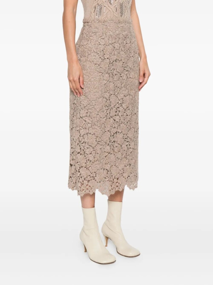 Ermanno Scervino Delicate Floral Lace Midi Skirt In Brown