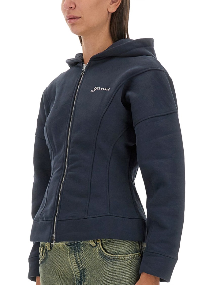 Ganni Slim-fit Hoodie With Structured Silhouette In Blue