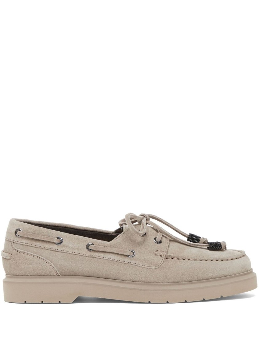 Brunello Cucinelli Soft Suede Grey Loafers With Lace-up Detail In Gray