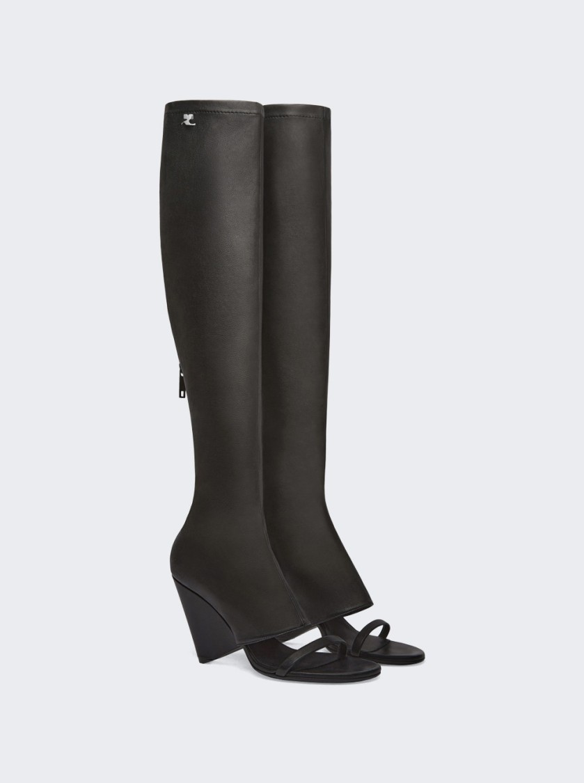 Courrèges Oblique Wedged Leather Open Toe Boots Black In Black