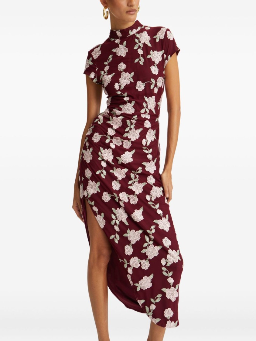 Rotate Birger Christensen Rotate Asymmetric Red Dress With Floral Embroidery And Short Sleeves In Red