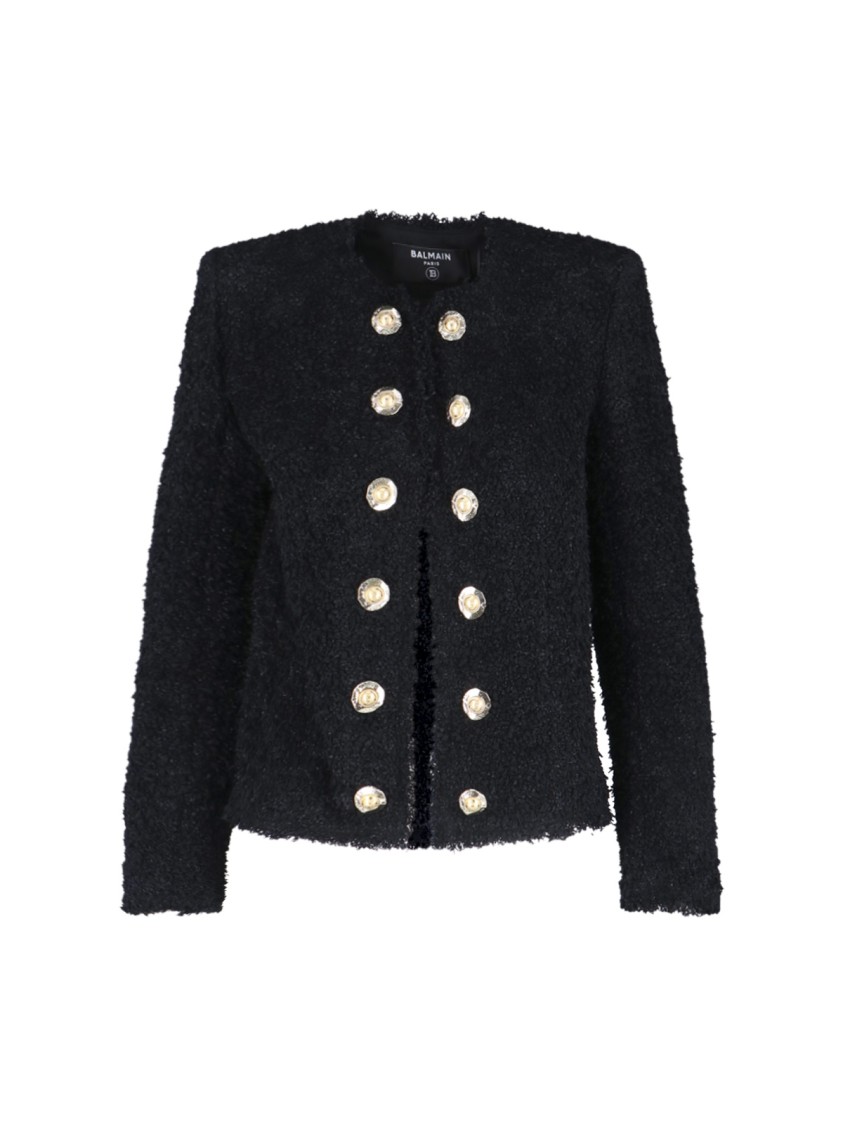 Balmain Tweed Jacket With Frayed Edges And Gold-tone Buttons In Black