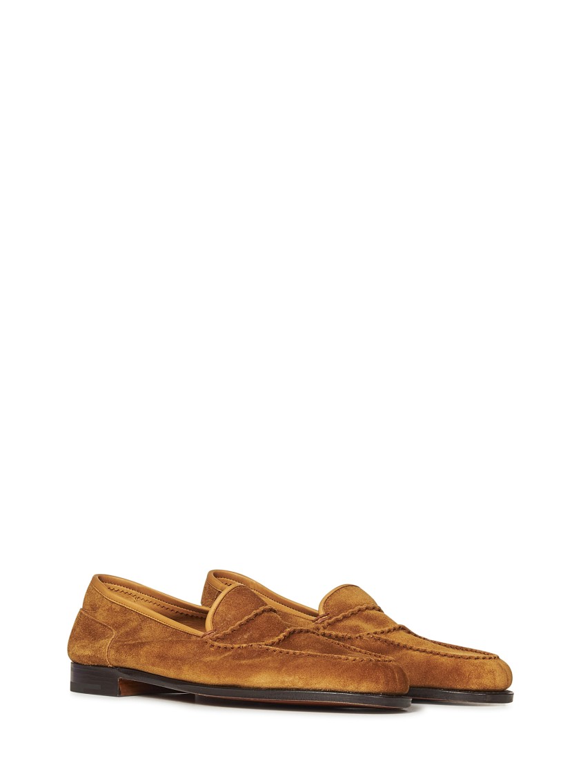 John Lobb Tobacco Suede Pace Loafers With Almond Toe And Stacked Heel
