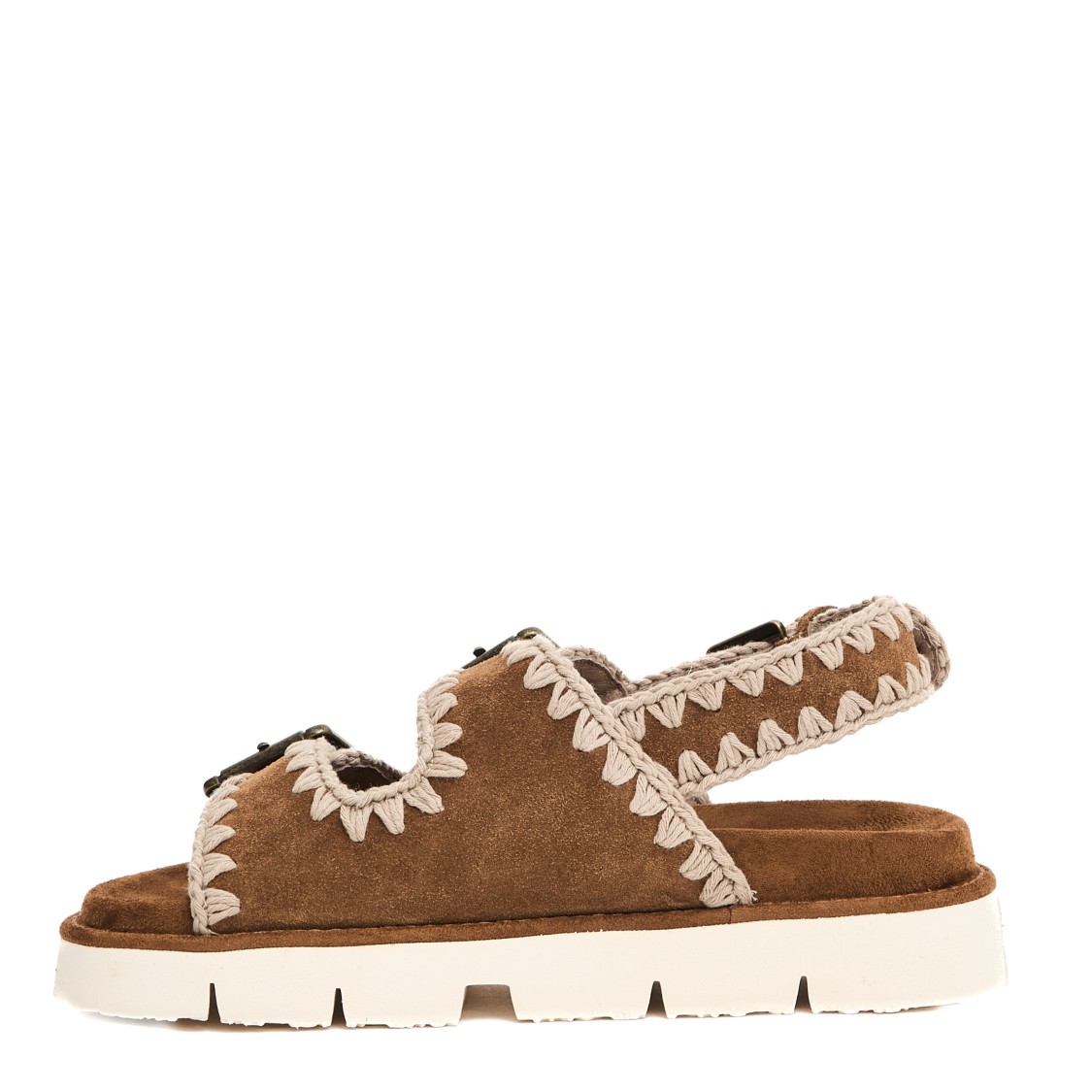 MOU MOU DOUBLE BUCKLE SUEDE SANDALS WITH CONTRASTING STITCHING