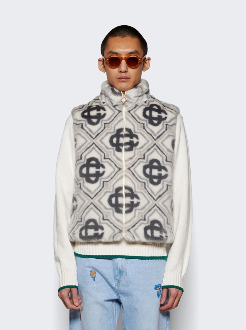 Casablanca Faux Fur Monogram Gilet White And Grey In Grey