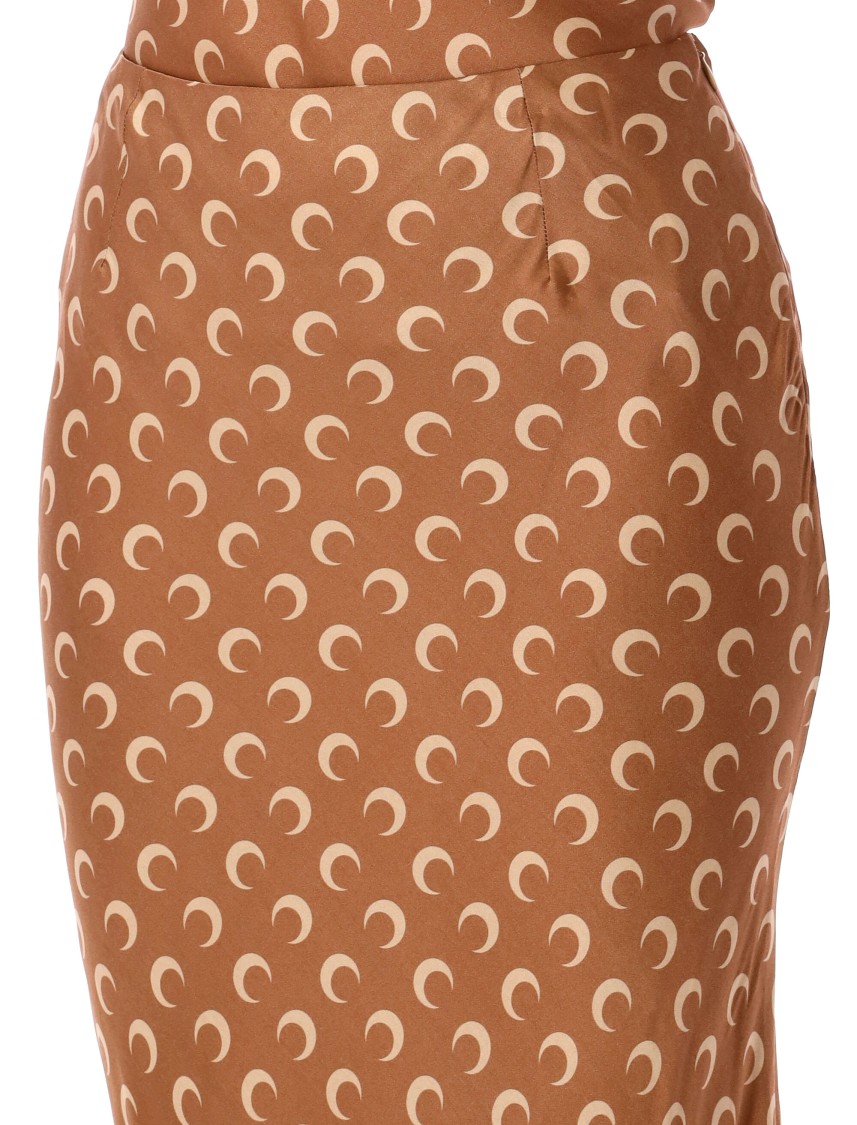 Marine Serre Printed High Waist Midi Skirt With Side Slit In Brown