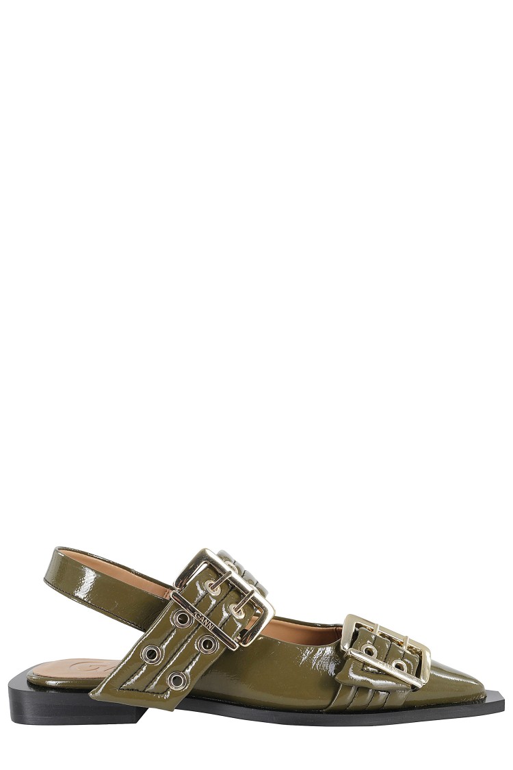 Shop Ganni Pointed Toe Slingback Ballerinas In Green