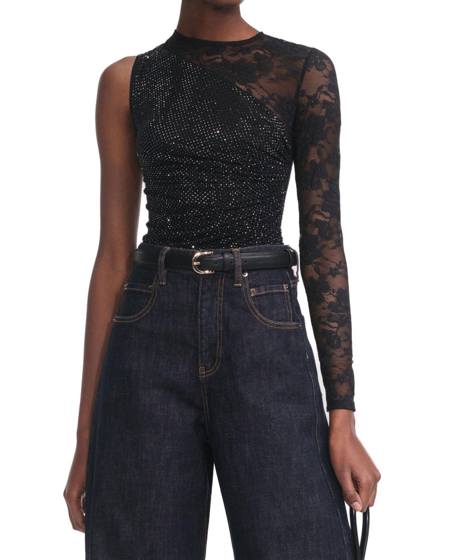 Self-portrait Black Rhinestone Lace Sleeve Top
