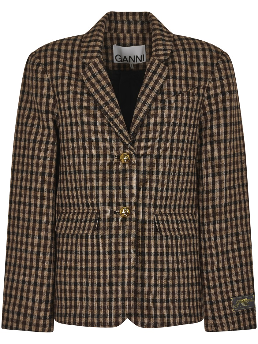 Ganni Check Wool Blend Oversized Blazer With Notched Lapels In Black