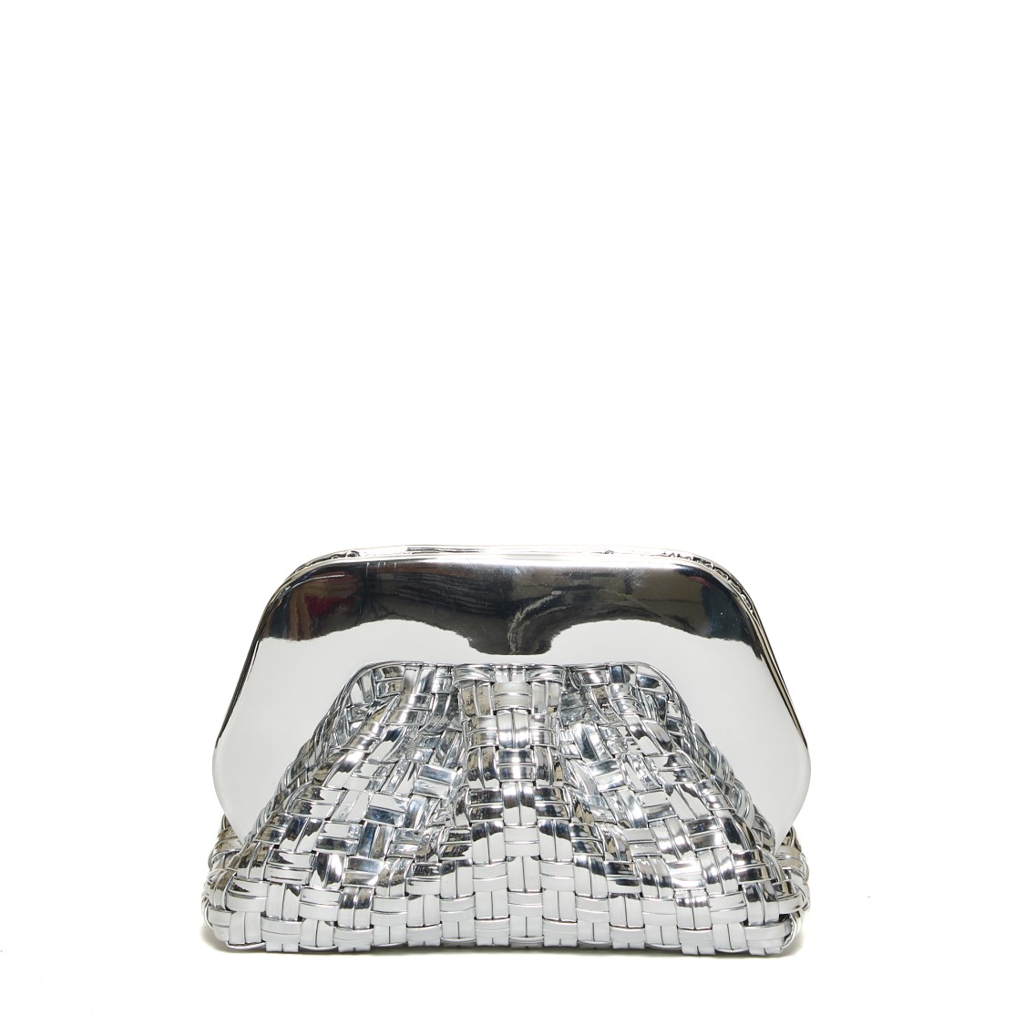 Themoirè Woven Silver Vegan Leather Clutch With Mirrored Finish In Silver