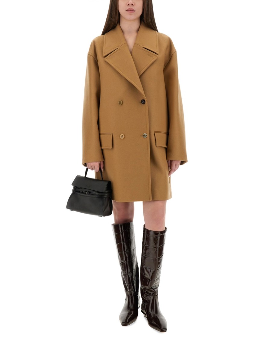 Moschino Double-breasted Wool Coat With Wide Lapel In Brown