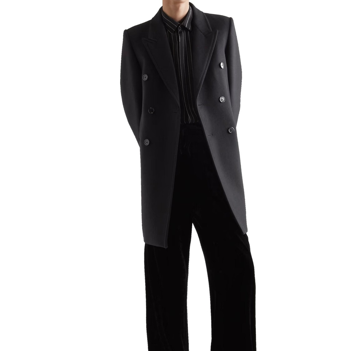 Saint Laurent Double-breasted Wool Coat With Peak Lapels And Padded Shoulders In Black