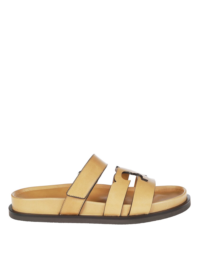 Tory Burch Double-strap Closure Slides With Elegant Buckle Detail In Yellow