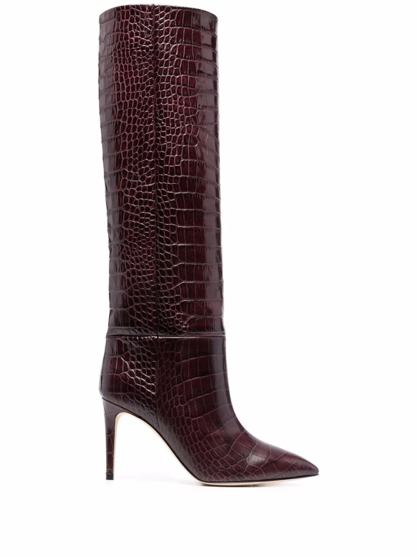Paris Texas Boots In Ebony Croco-embossed Leather In Burgundy