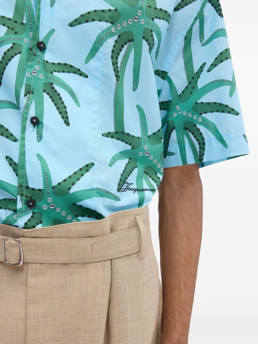 Shop Jacquemus Celeste Short-sleeved Shirt With Palm Print In Blue