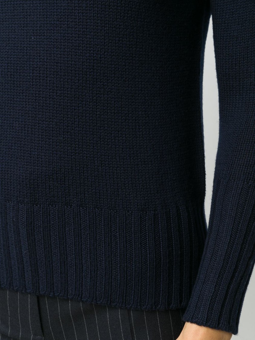 Drumohr Navy Merino Roll Neck Sweater With Ribbed Detailing In Blue