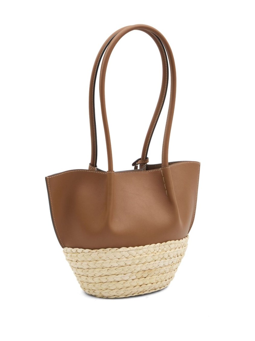 TOD'S TOD'S COGNAC BROWN LEATHER TOTE WITH WOVEN RAFFIA PANEL