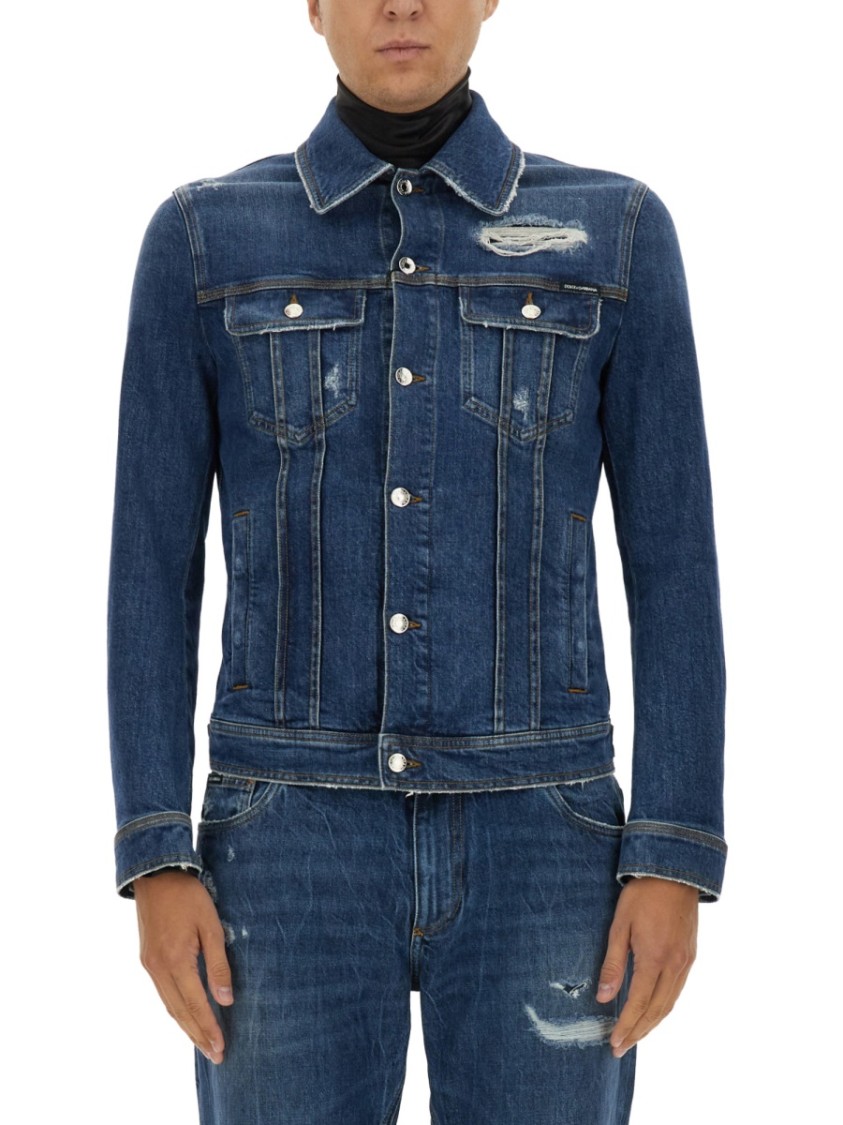 Dolce & Gabbana Blue Jacket With Classic Collar And Rips In Denim Stretch Man In Blue