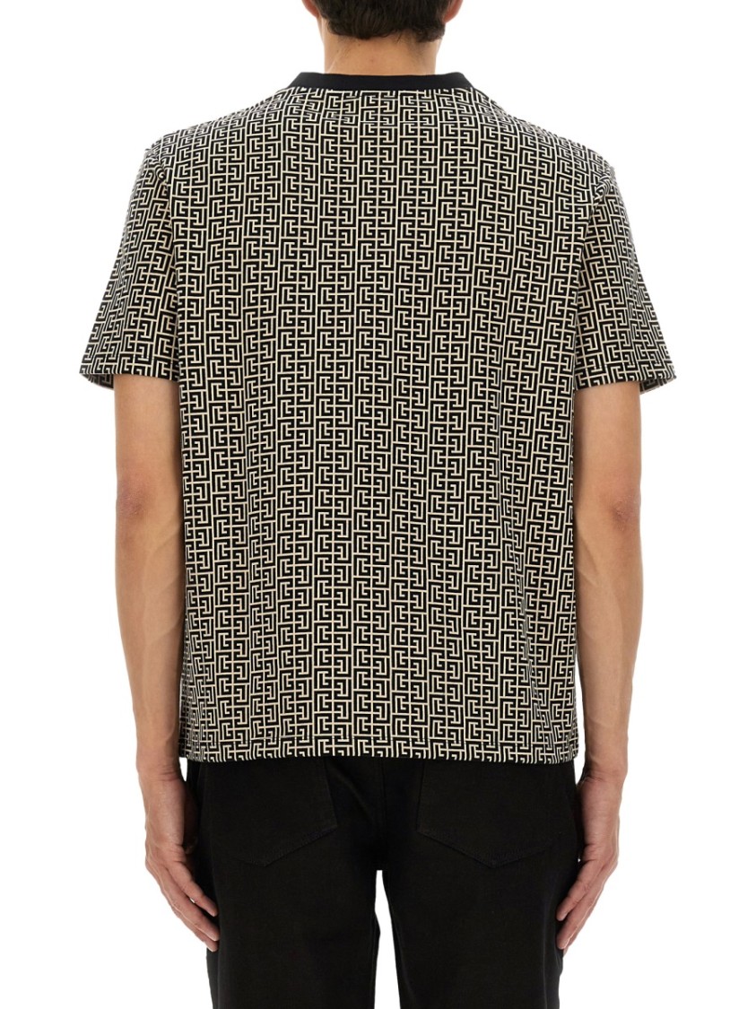 Balmain Grey T-shirt With Logo Applied On The Chest And All-over Labyrinth Motif In Cotton Man