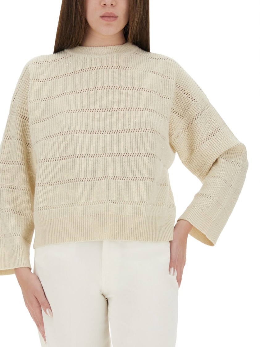Brunello Cucinelli Mock-neck Paillette Horizontal Open-knit Sweater In White
