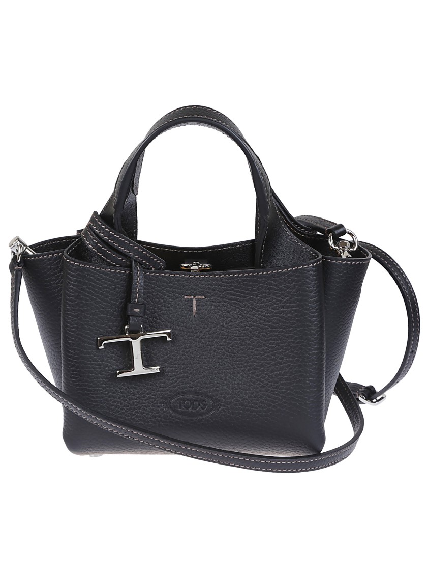 Tod's Structured Black Grained Leather Shoulder Bag In Gray