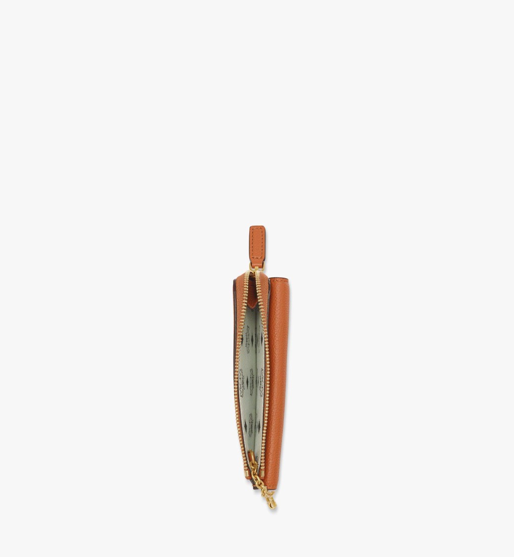 Mcm Cognac Leather Card Case With Gold-plated Hardware In Orange