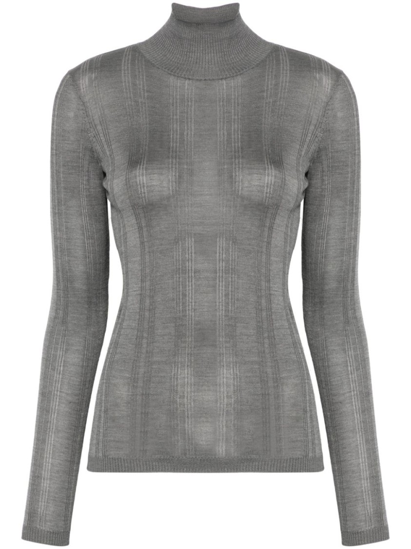 Carven Silk Turtleneck Sweater With Ribbed Hem In Grey
