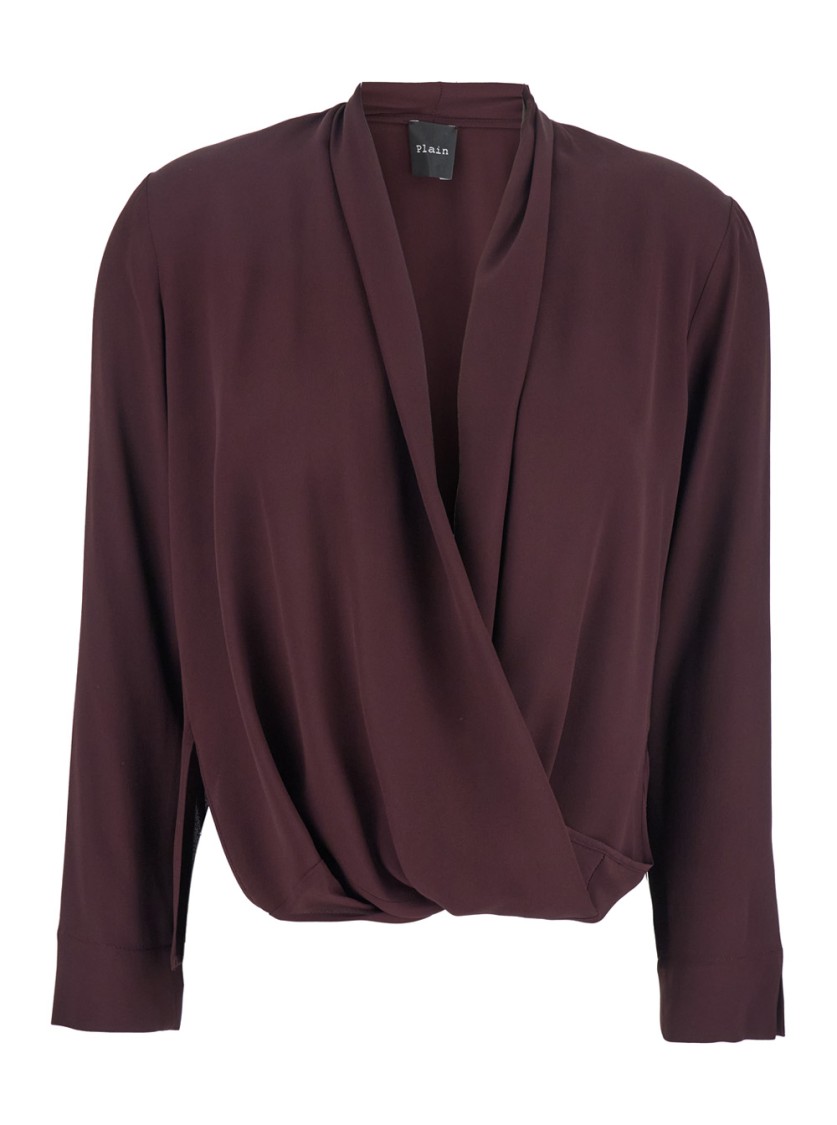 Plain Bordeaux Blouse With Front Neckline And Ruffles In Fabric Woman In Brown