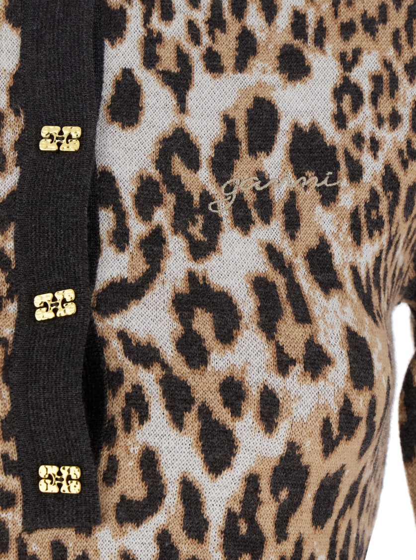 Ganni Multicolor Polo Shirt With Jewel Buttons And All-over Leopard Print In Cotton Woman In Brown