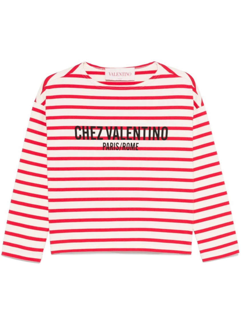 Valentino Womens Avorio Rosso Striped Brand-print Cotton-jersey T-shirt