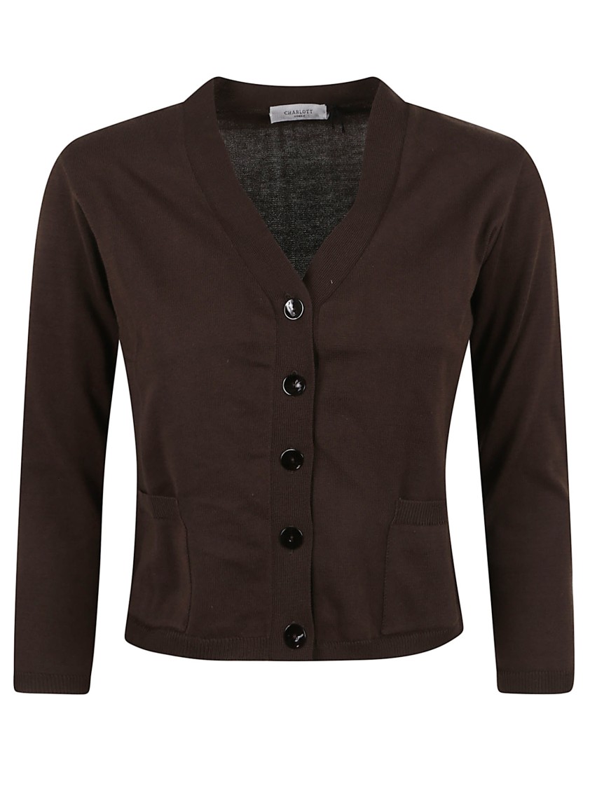Charlott V-neck Button-down Sweater With Front Pockets In Brown