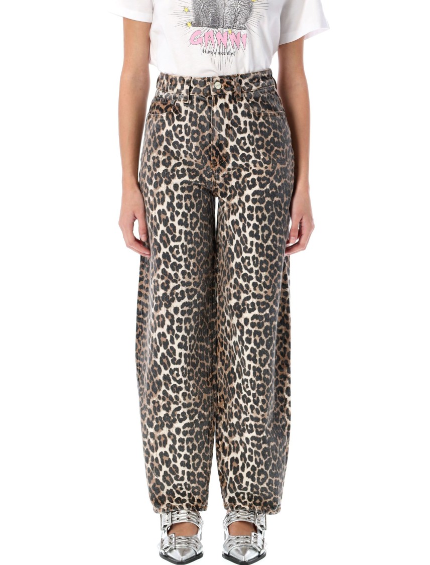 Ganni Stary Barrel Jeans In Leopard In Brown