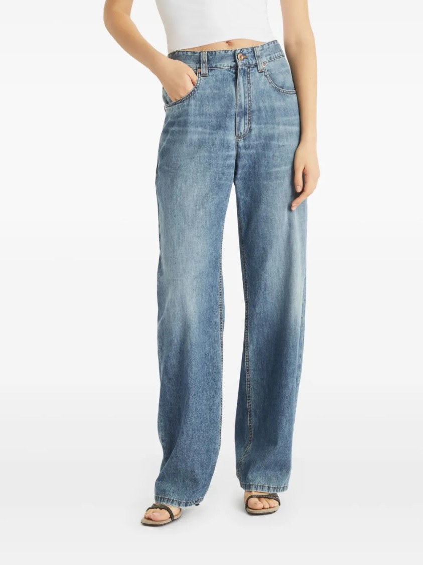 Brunello Cucinelli Wide-leg Blue Jeans With Whiskering Effect And Classic Five-pocket Design In Blue